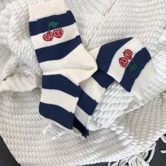 Gucci Blue and White Striped Knitted Ankle Socks with Cherries NEW w Tags - Picture 1 of 4